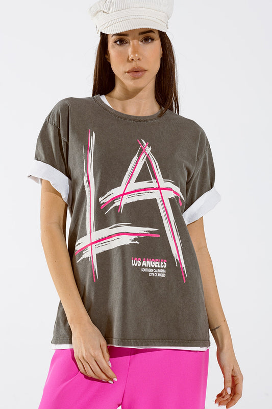 Q2 Grijs oversized t-shirt Prints LA Los Angeles in roze en wit