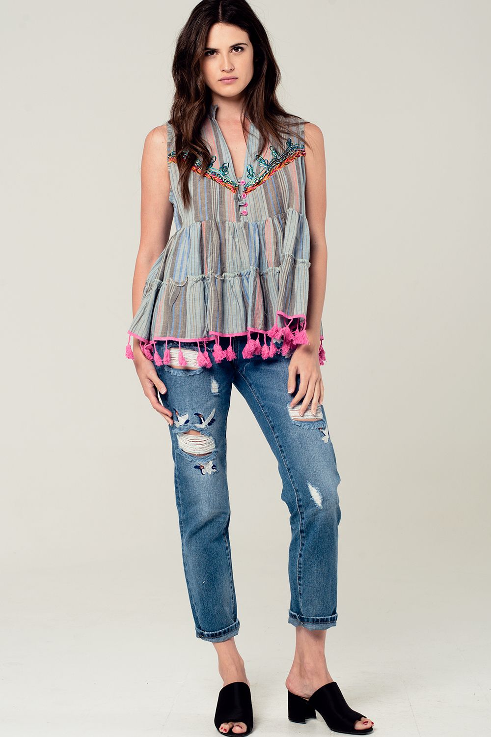 Gray sleeveless blouse with tassels and embroidery