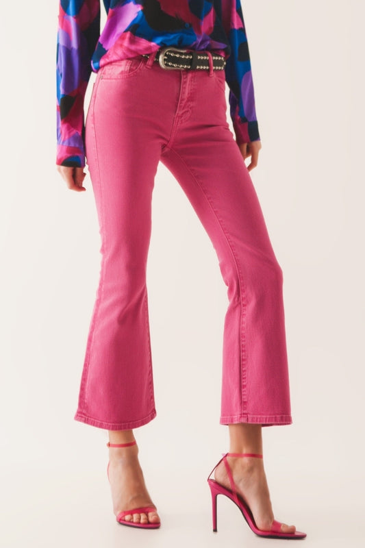 Q2 Hoge taille flare jeans in roze