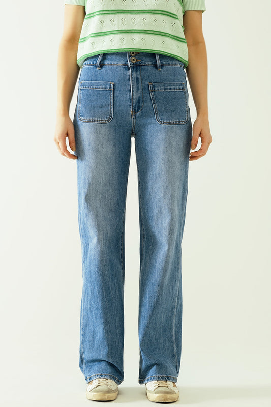 Q2 Jeans met wijde pijpen sluiting aan de voorkant met metalic knopen en zakken aan de voorkant
