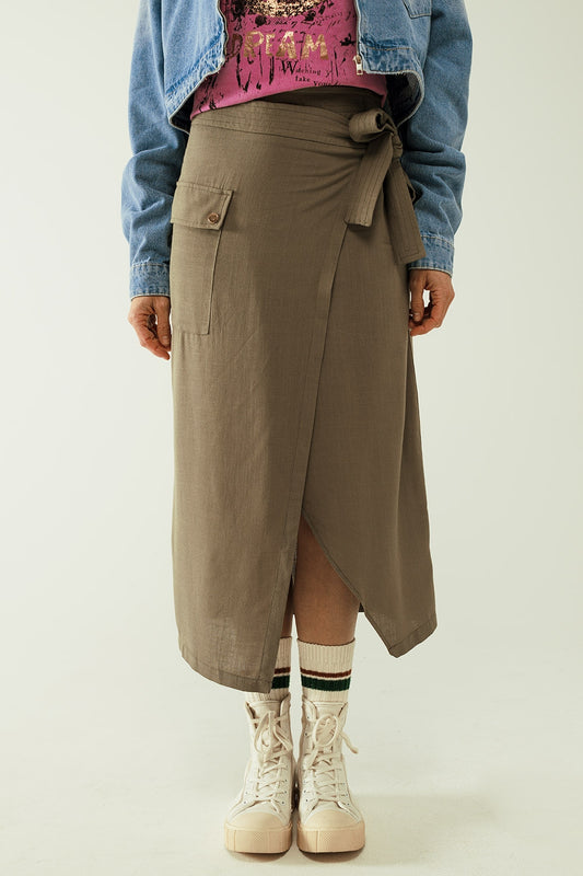 Q2 Kaki halflange rok met één zak en een kanten detail