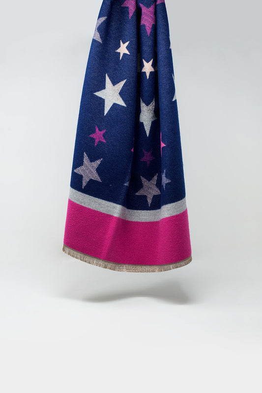 Q2 Lichtgewicht sjaal met strepen en sterren in blauwe en roze tinten