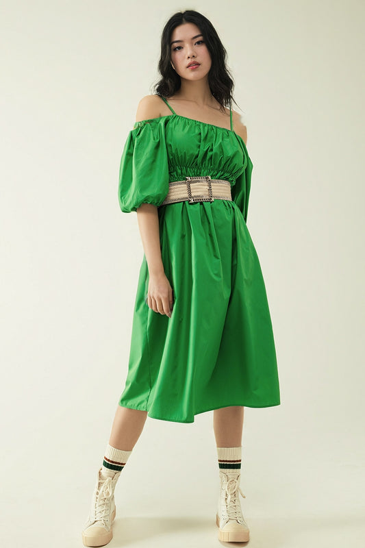 Q2 Midi groene jurk met korte mouwen en bandjes