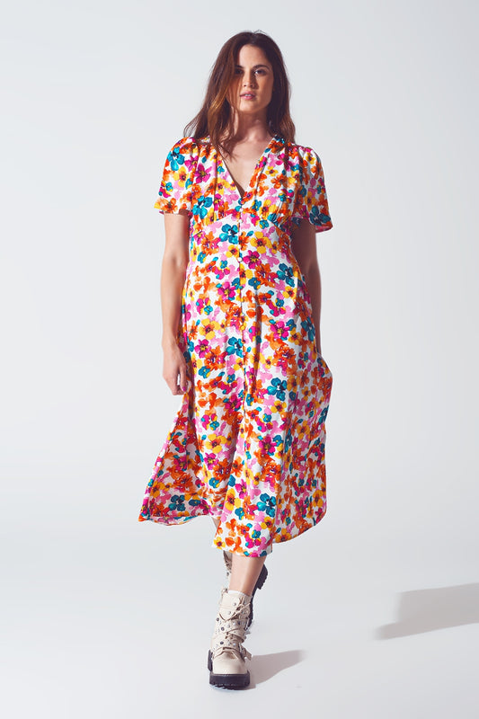 Q2 Midi-jurk met aangesnoerde taille in een multicolor bloemenprint