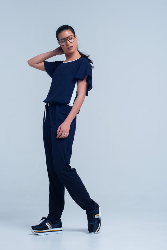 Q2 Navy blue jumpsuit with short sleeve and ruffle detail