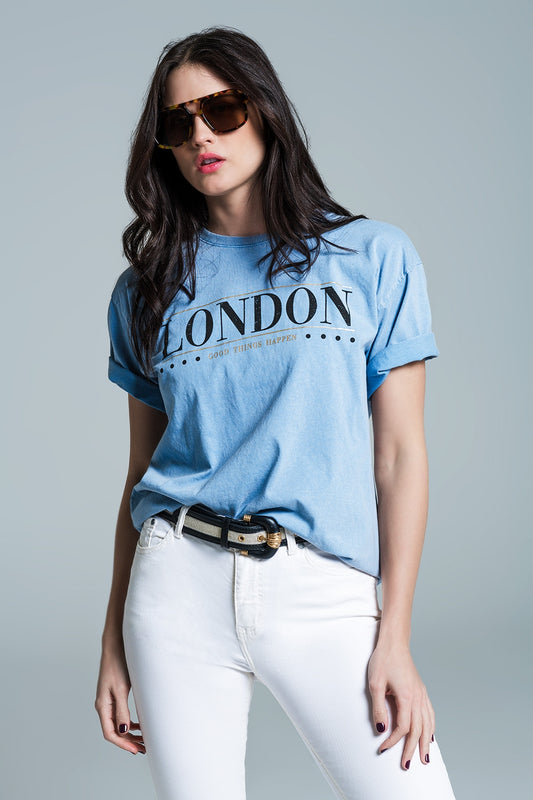 Q2 relaxed fit T-shirt in gewassen babyblauw met london logo