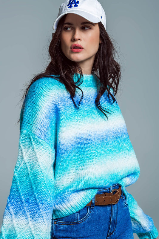 Q2 Relaxte sweater met ombre print in blauwtinten en Argyle print op de mouwen