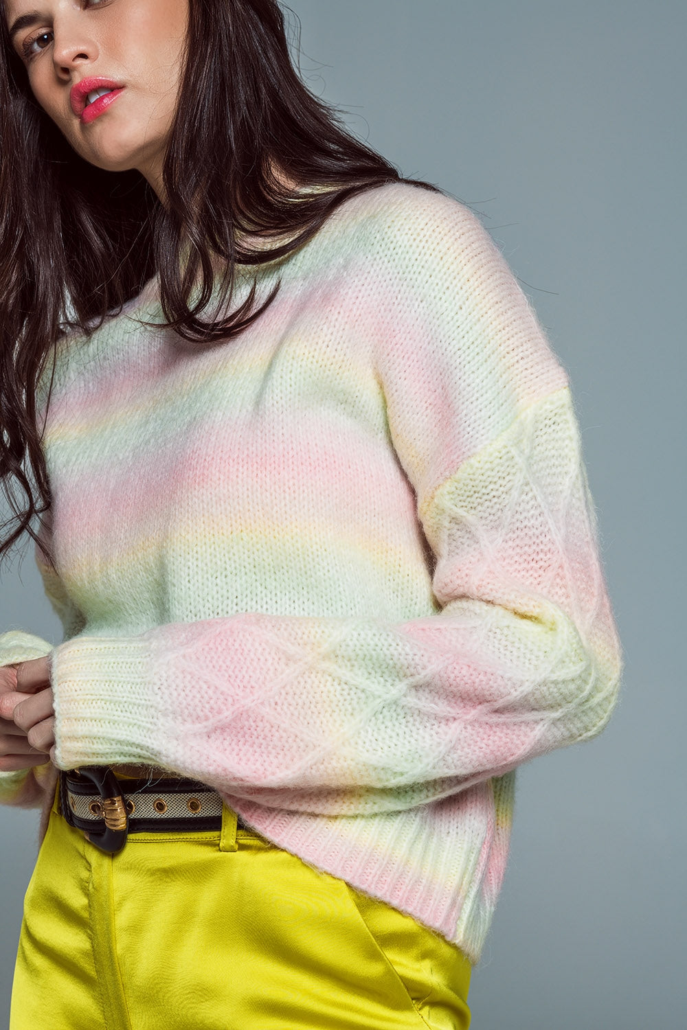 Relaxte sweater met ombre print in pasteltinten en Argyle print op de mouwen