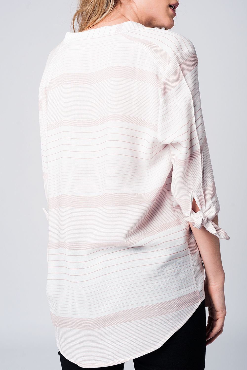 Pink striped blouse with tied sleeves