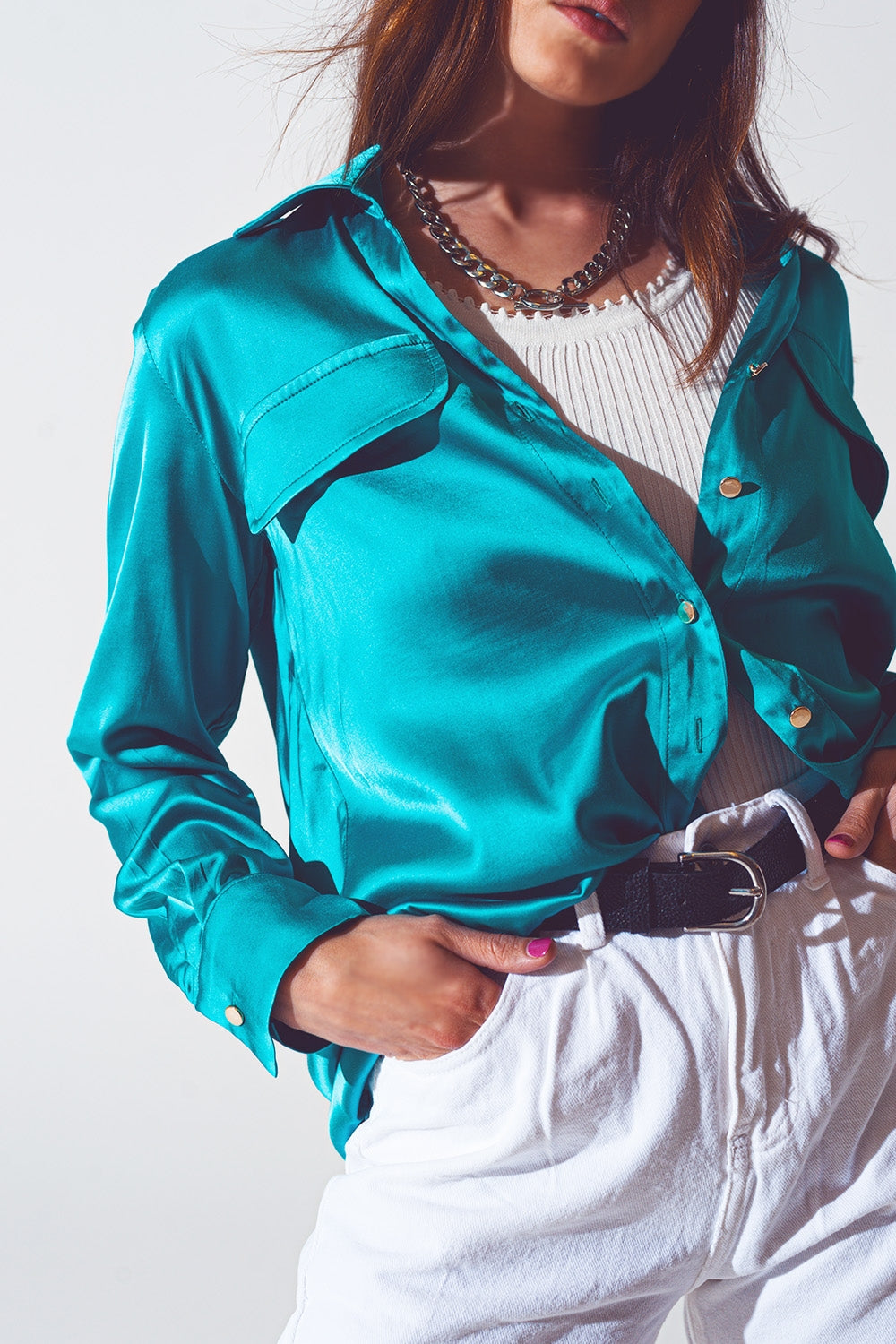 satin blouse in turquoise