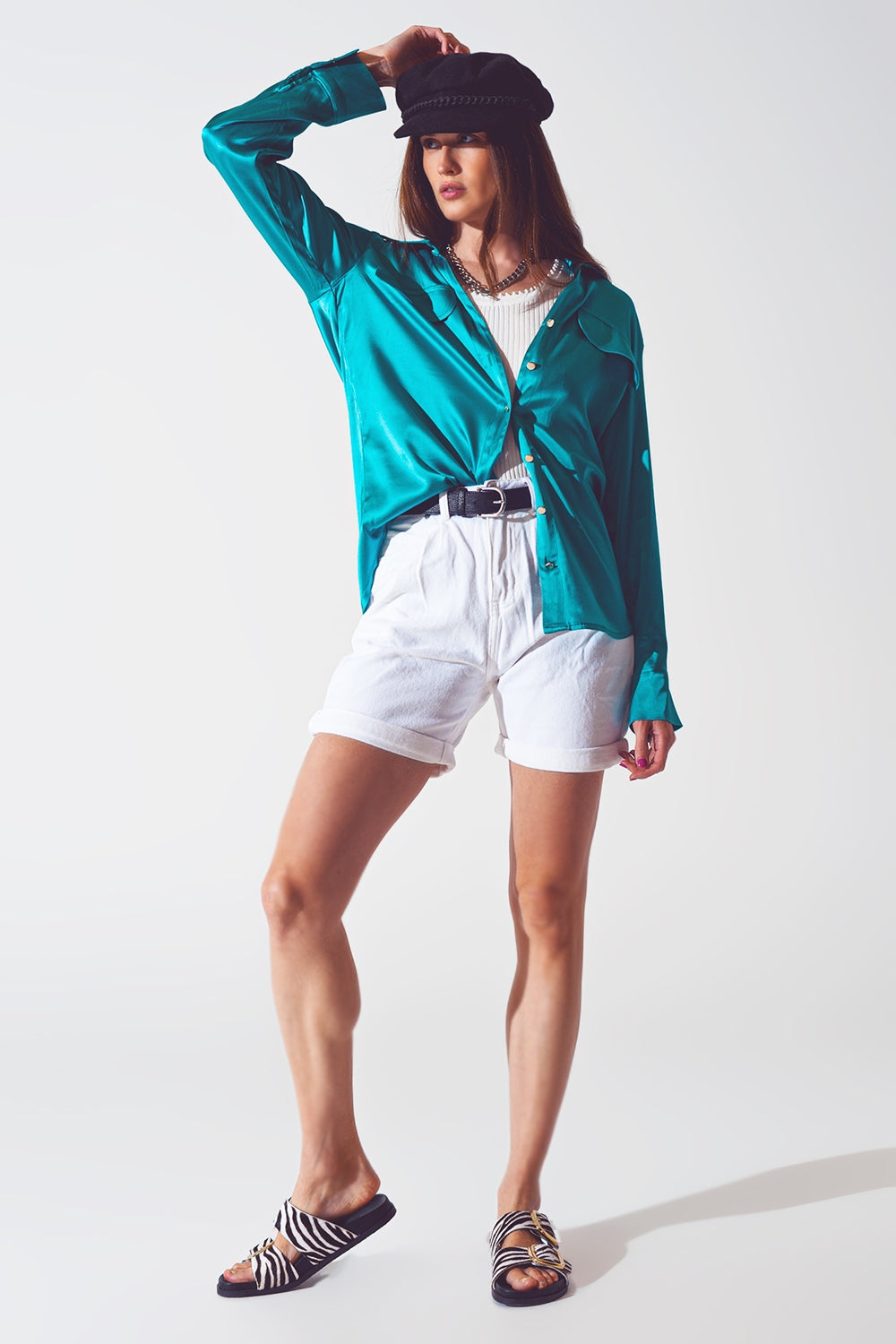 satin blouse in turquoise