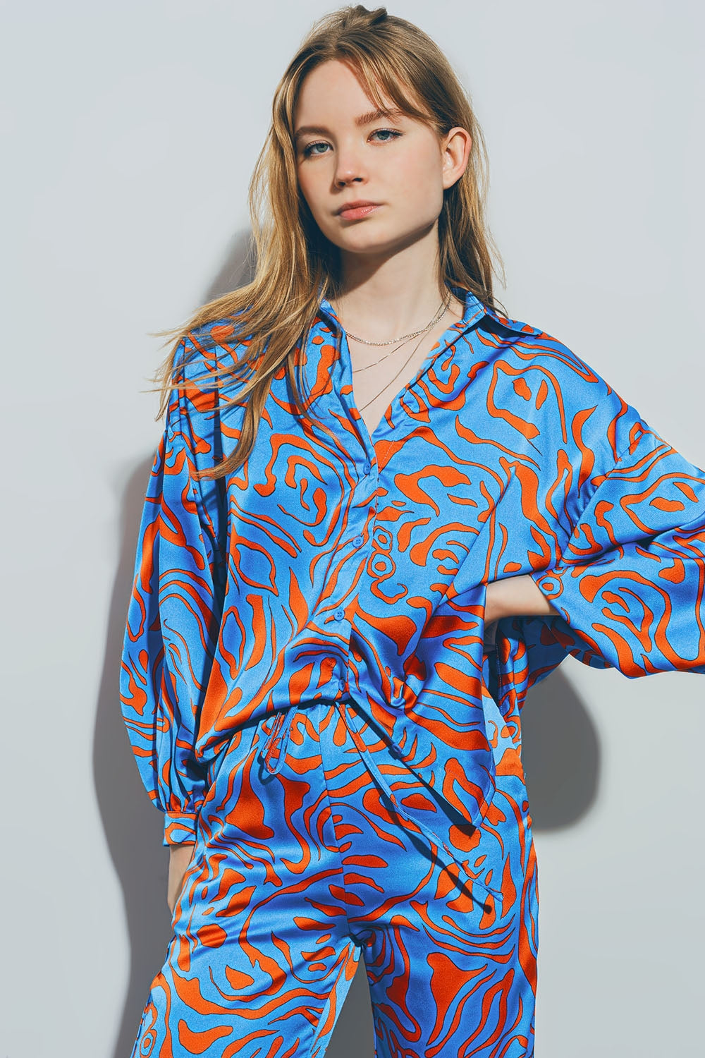 Satijnen Blouse met Ballonmouwen in Blauw