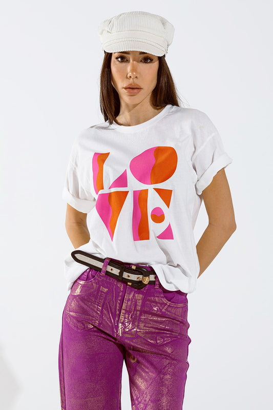 Q2 T-shirt met LOVE art deco digitale print in wit