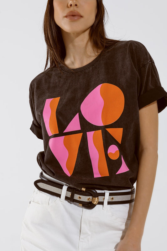 Q2 T-shirt met LOVE logo in gewassen zwart