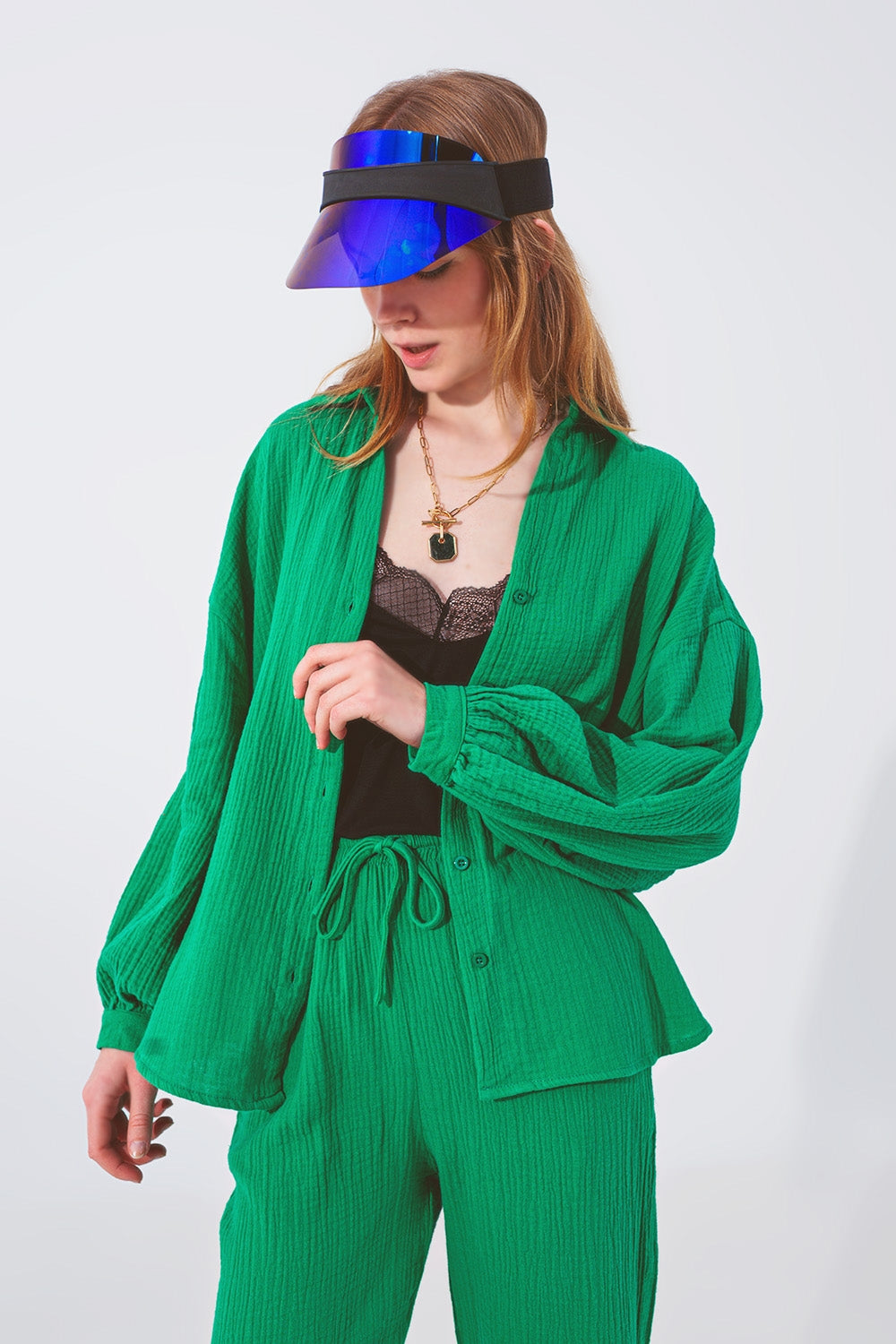 Q2 Textured Loose Fit Blouse in Groen