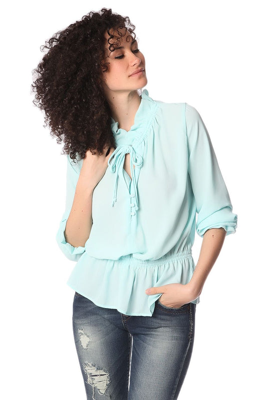 Q2 Turquoise geplooide blouse met strik detail