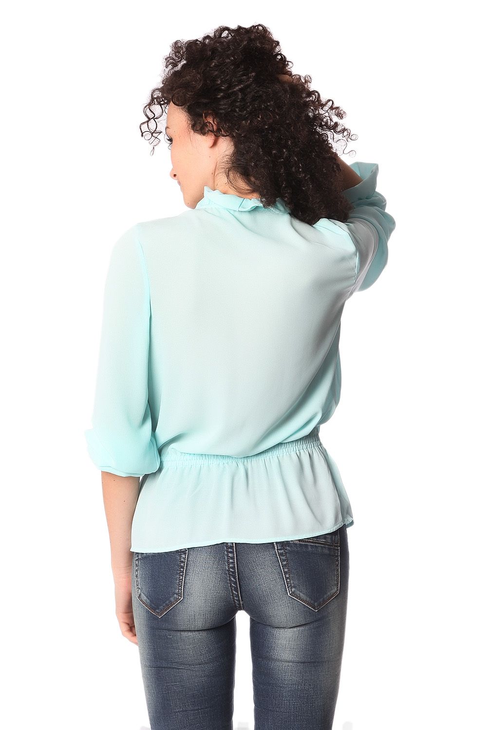 Turquoise pleated blouse with bow detail