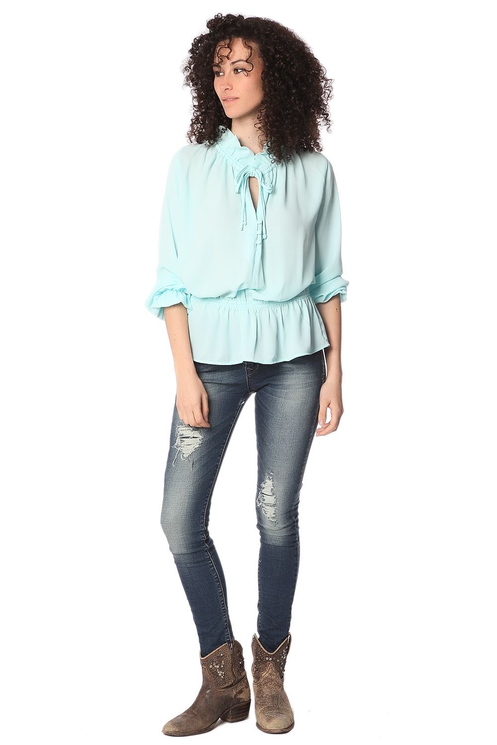 Turquoise pleated blouse with bow detail