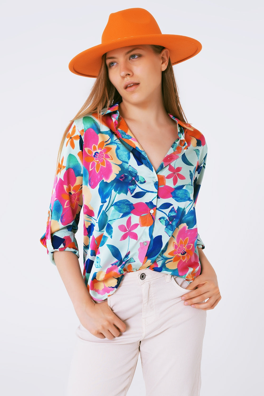 Q2 zachte satijnen blouse met bloemenprint